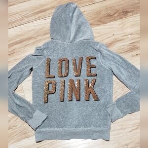 Victorias Secret Pink Grey Sherpa Hooded Full Zip VelourJacket M Sequin Bling